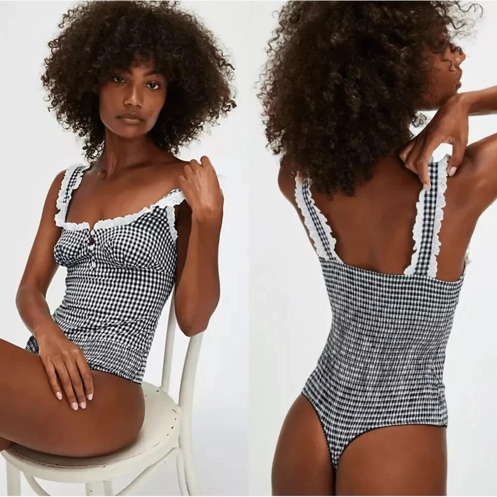 NEW Free People Intimately Small Cassie Bodysuit Black Gingham Coquette Milkmaid